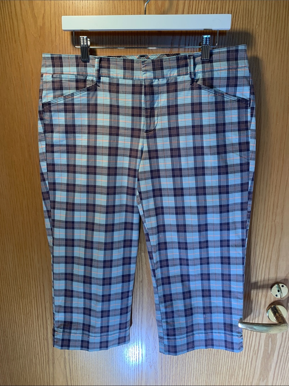 Dockers Golf Plaid Bermuda Shorts in Light Blue/Navy/Orange- Cotton Blend - Size